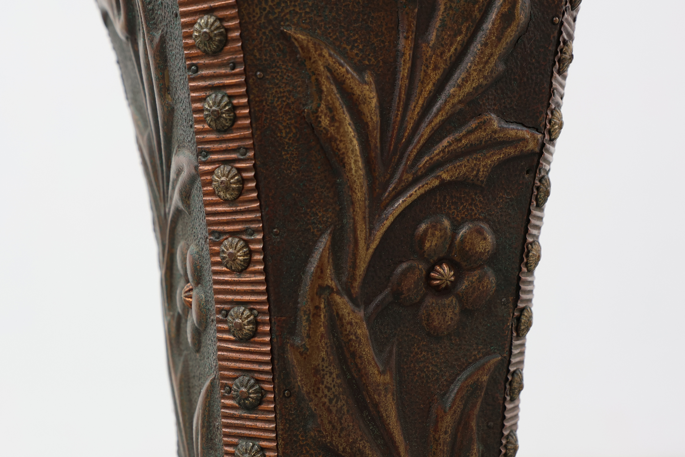 Art Nouveau floorlamp in hammered copper with frosted glass hood, Belgium ca. 1910thumbnail